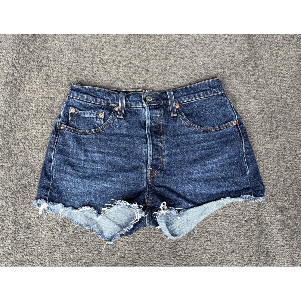 Levis 501 Original High Rise Cut Off Denim Shorts Dark Wash Blue W28